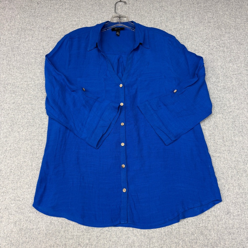 BCX Button Up Top XL Royal Blue Roll Tab Sleeve Utility Pocket Textured Shirt